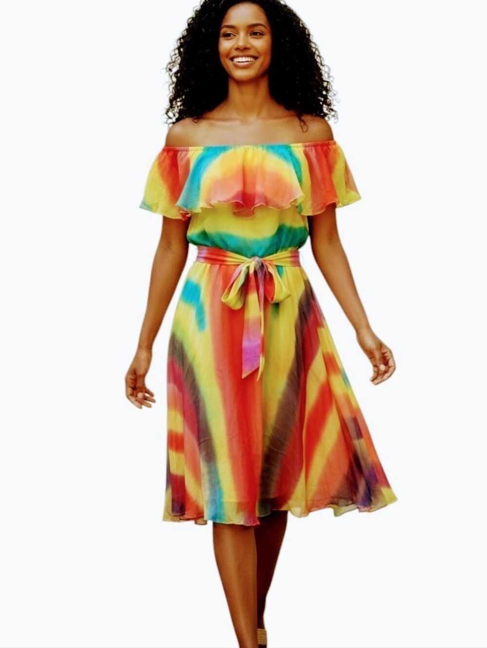 Alice + Olivia Vibrant Multicolor Rainbow Ruffle Dress 100% Silk Sz. M